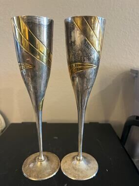 Etched Brass & Silver Plate Champagne Flutes Set Made in India